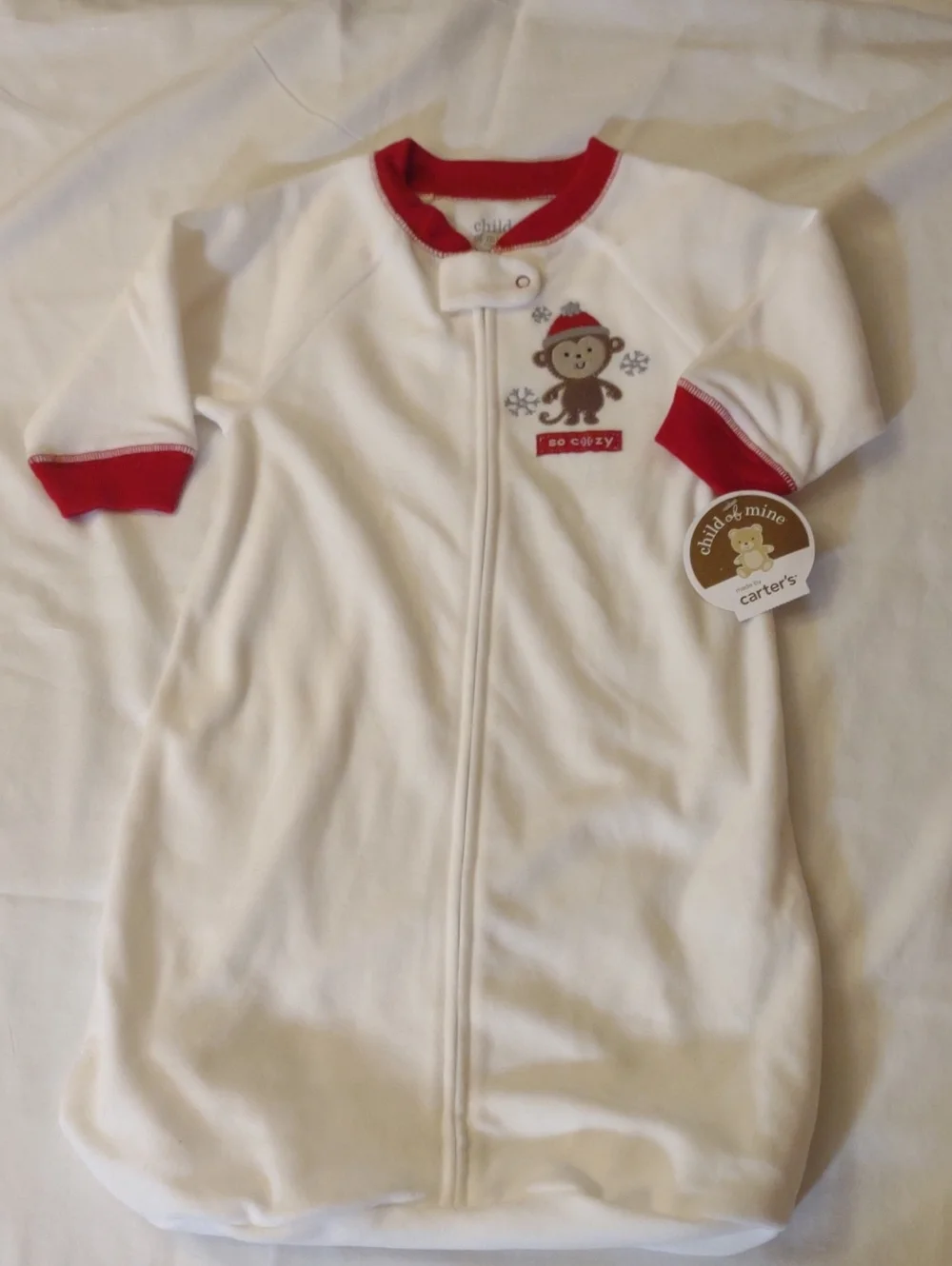 NWT Carter's White & Red Baby Sleep Sack w/ Monkey Graphic - Sz. O-9 Mos.